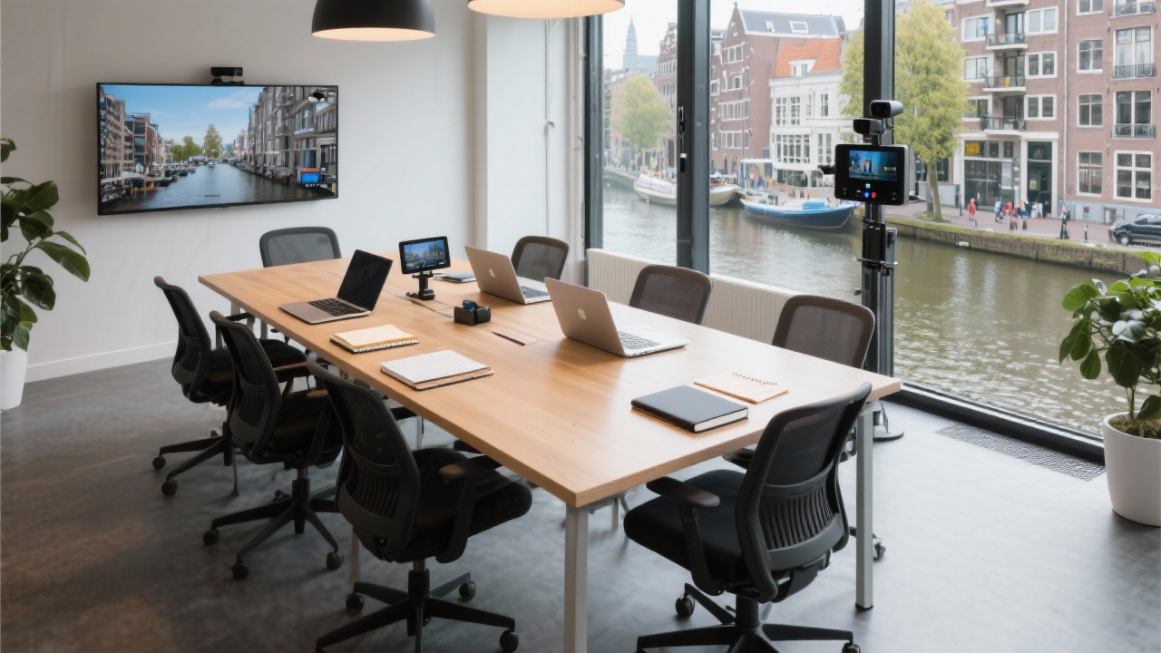 Bright Amsterdam office space with canal view, meeting table prepared with laptops, notebooks, and a video conferencing setup ready for a client intake session.