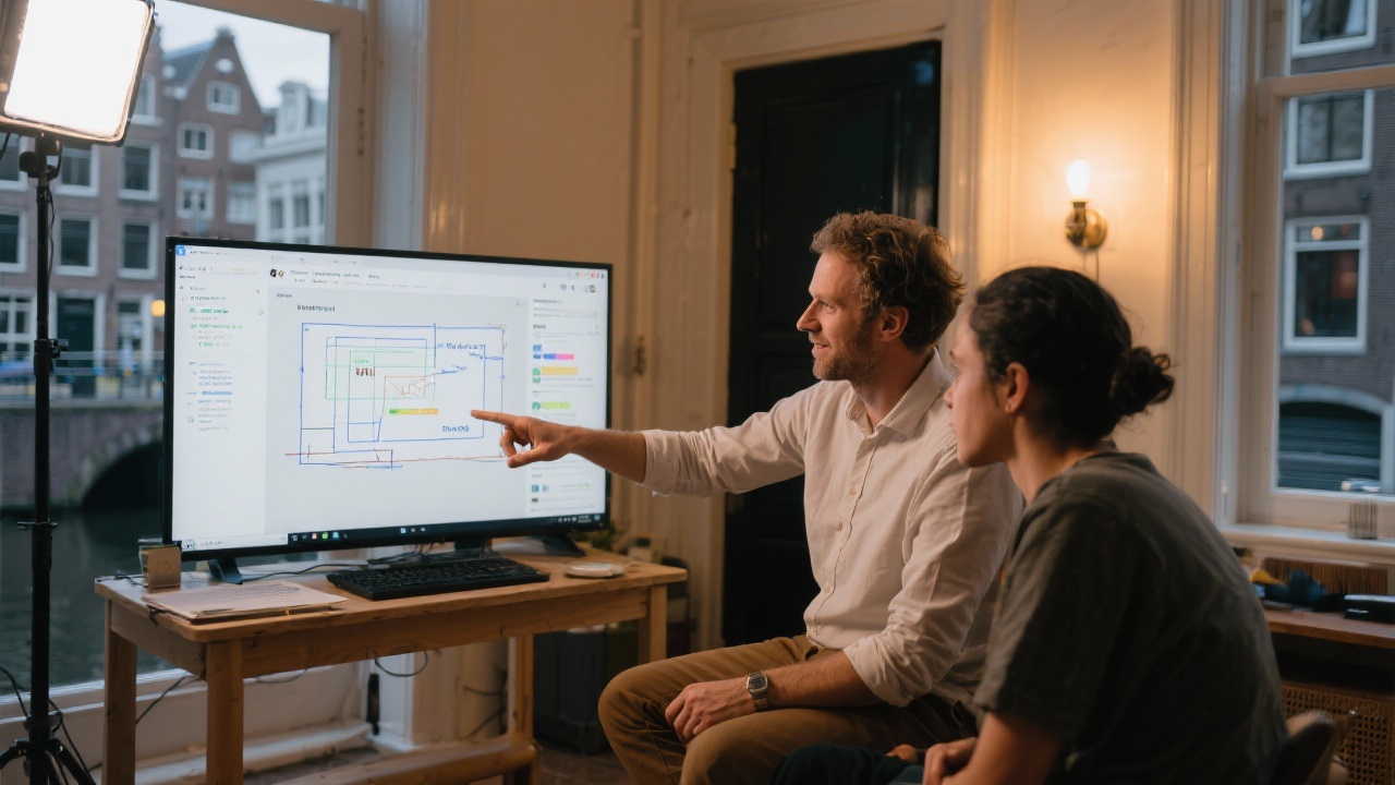 Mentor and participant duo reviewing annotated Figma frames and deployment metrics on a shared screen inside a softly lit Amsterdam canal-house studio.