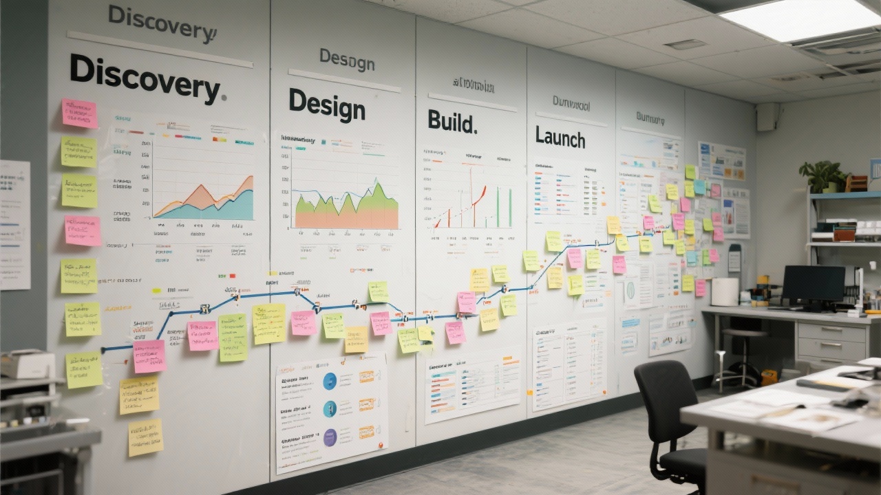Detailed roadmap mural with columns for discovery, design, build, and launch, each filled with sticky notes, burndown charts, and deployment checklists in a project lab.