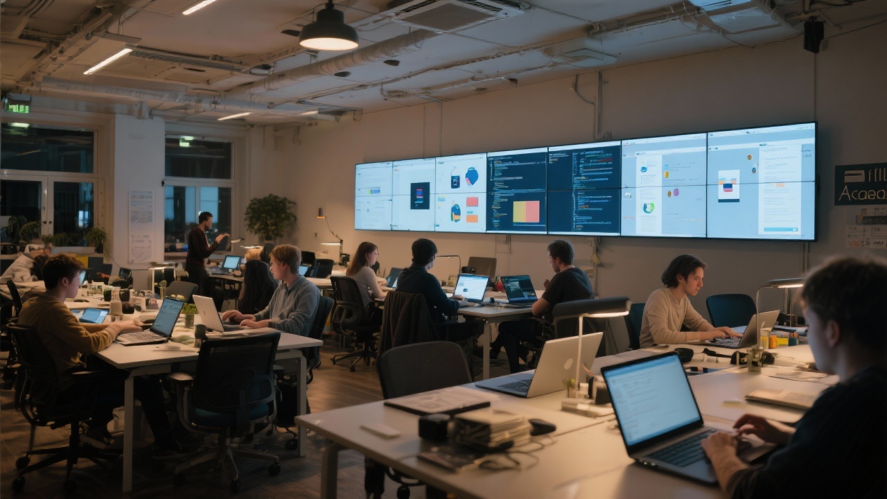Panoramic view of collaborative Amsterdam tech workspace with students coding on laptops and reviewing design mockups on wall-length screens during an evening full-stack academy session.