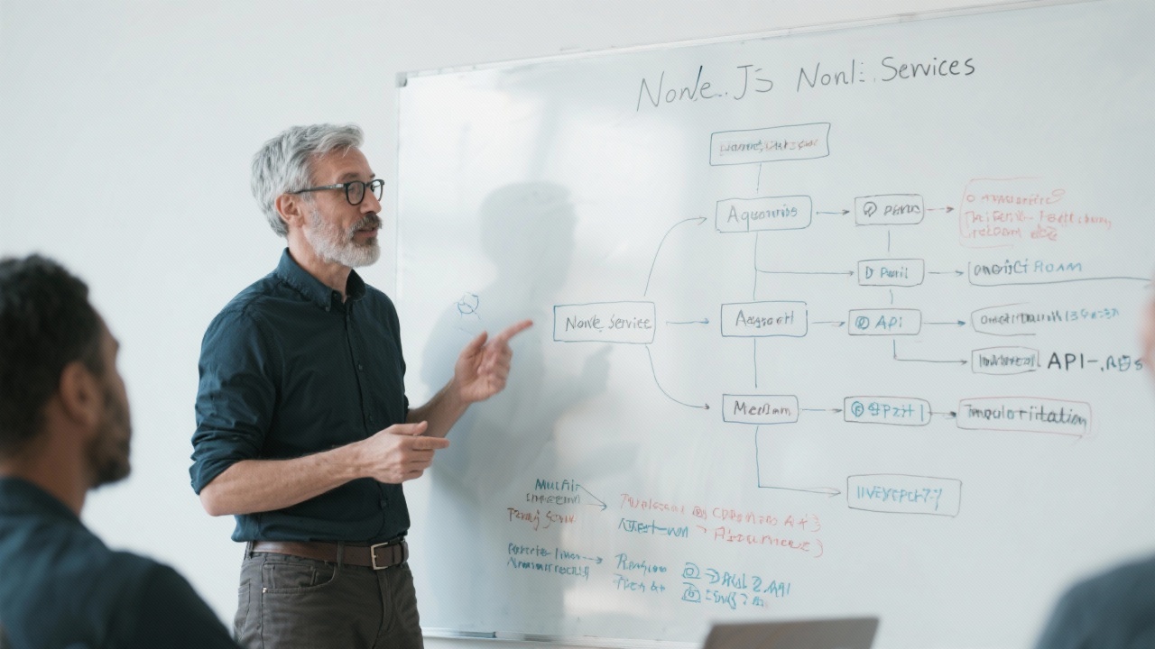 Senior developer presenting a whiteboard diagram that maps Node.js services, authentication flows, and third-party API integrations for a multi-tenant platform.