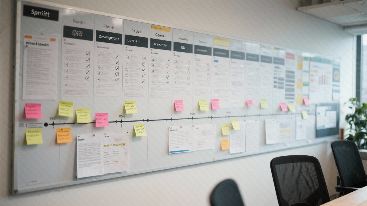 Large timeline board with sprint columns, printed checklists, and sticky notes representing design tasks, development tasks, and QA milestones in a project environment.