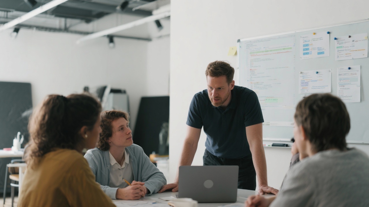 Focused mentor guiding a small group around a laptop while refactoring React components and aligning interface specifications pinned to a whiteboard in a modern studio.