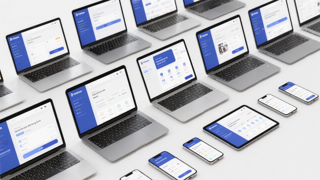 Array of laptops, tablets, and phones displaying coordinated user interfaces with consistent branding and responsive layouts prepared for an Amsterdam-based client delivery.