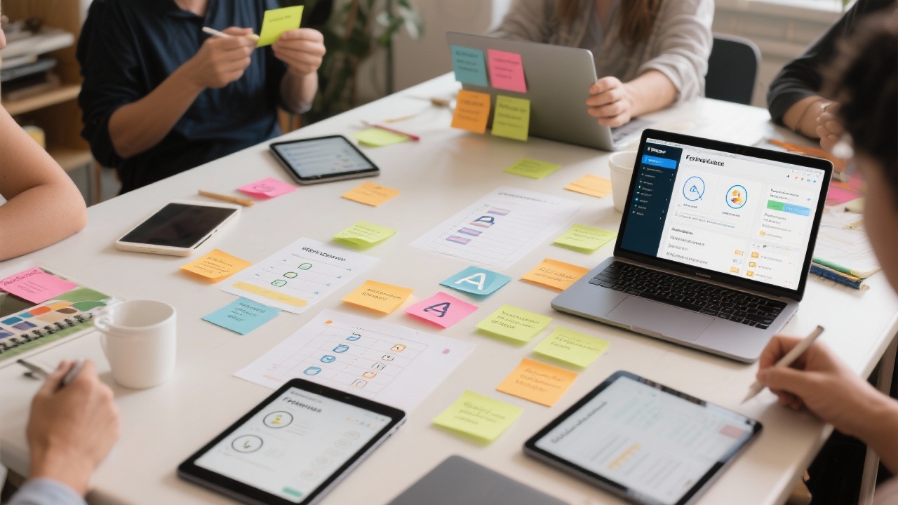 Creative workshop scene with sticky notes, accessibility checklists, Figma prototypes on tablets, and a laptop running performance audits for a client delivery.